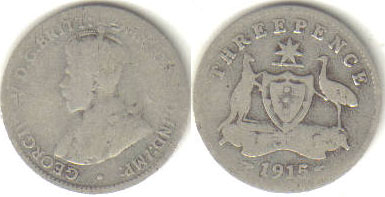 1915 Australia silver Threepence (aVG) A000335